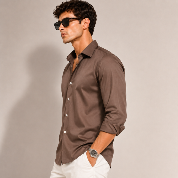 SATIN- CHOCO BROWN FULL SLEEVES SHIRT