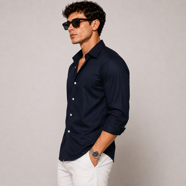 SATIN- NAVY BLUE FULL SLEEVES SHIRT
