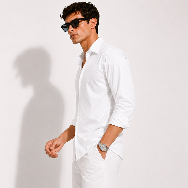 SATIN-  WHITE FULL SLEEVES SHIRT