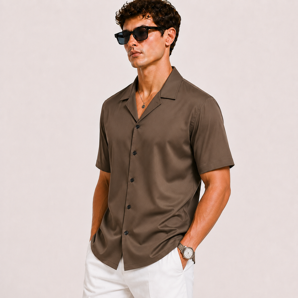 SATIN- DEEP BROWN CUBAN SHIRT
