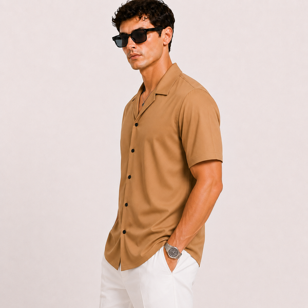 SATIN- EARTH BROWN CUBAN SHIRT