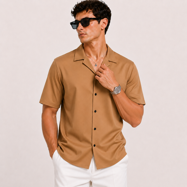 SATIN- EARTH BROWN CUBAN SHIRT