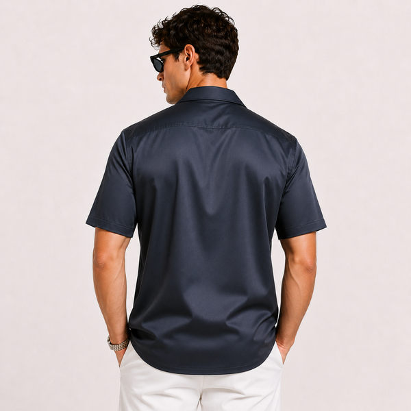 SATIN- DEEP BLUE CUBAN SHIRT