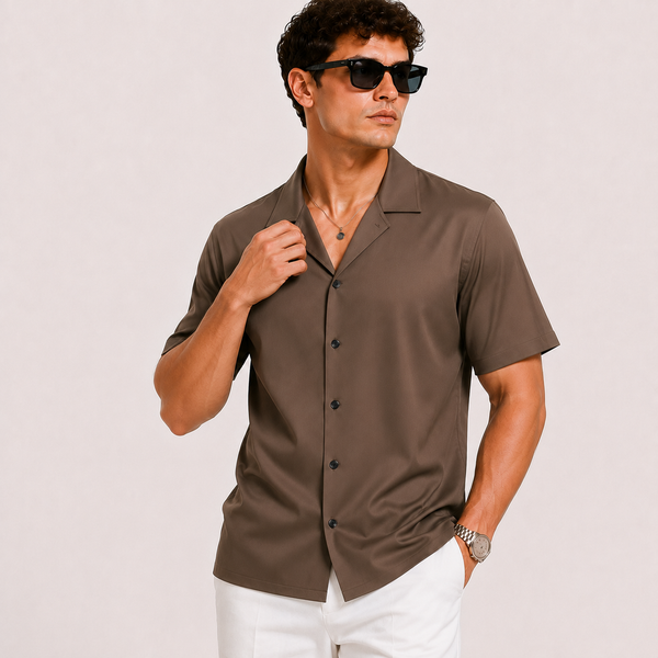 SATIN- DEEP BROWN CUBAN SHIRT