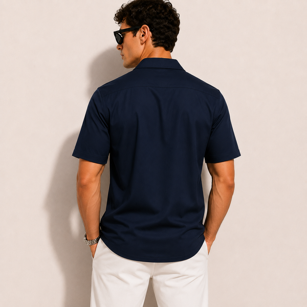SATIN- NAVY BLUE CUBAN SHIRT