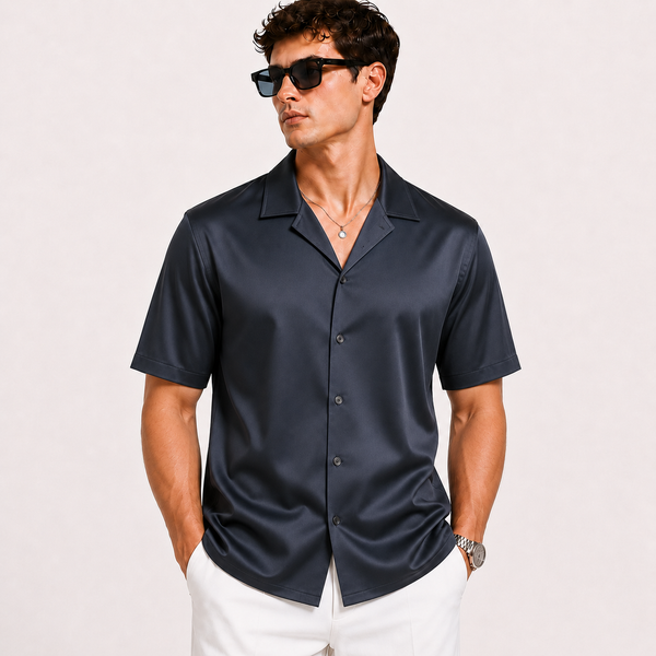 SATIN- DEEP BLUE CUBAN SHIRT
