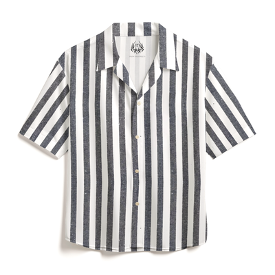 LINEN- STRIPE GREY CUBAN SHIRT