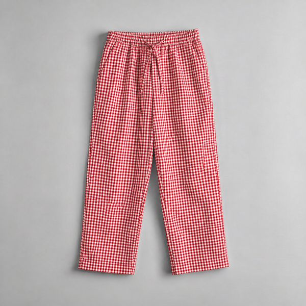 Relaxed Fit Linen Trousers - Check Red Love