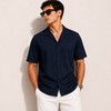 SATIN- NAVY BLUE CUBAN SHIRT