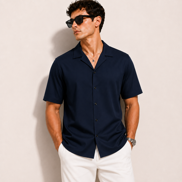 SATIN- NAVY BLUE CUBAN SHIRT