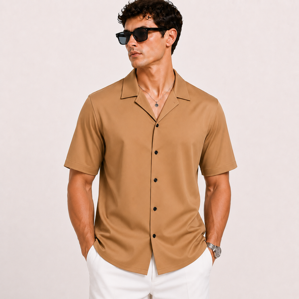 SATIN- EARTH BROWN CUBAN SHIRT
