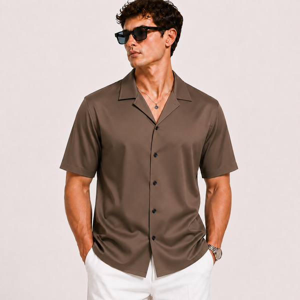 SATIN- DEEP BROWN CUBAN SHIRT