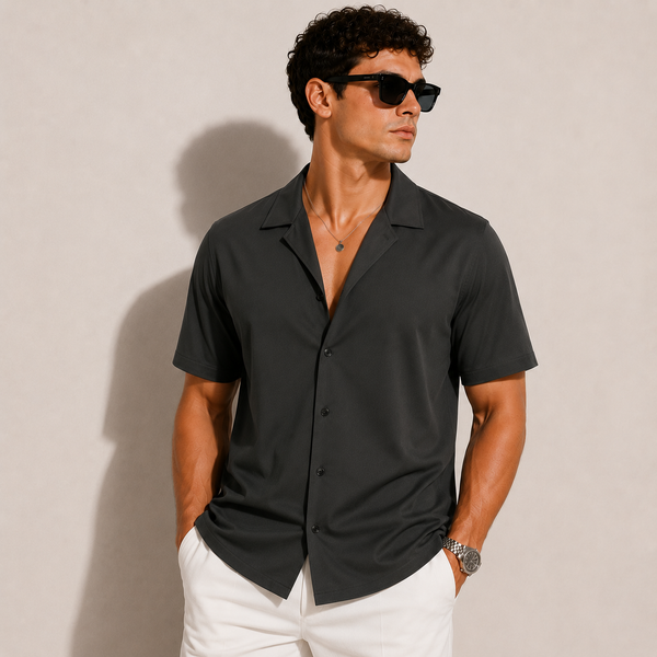 SATIN- DARK GREY CUBAN SHIRT