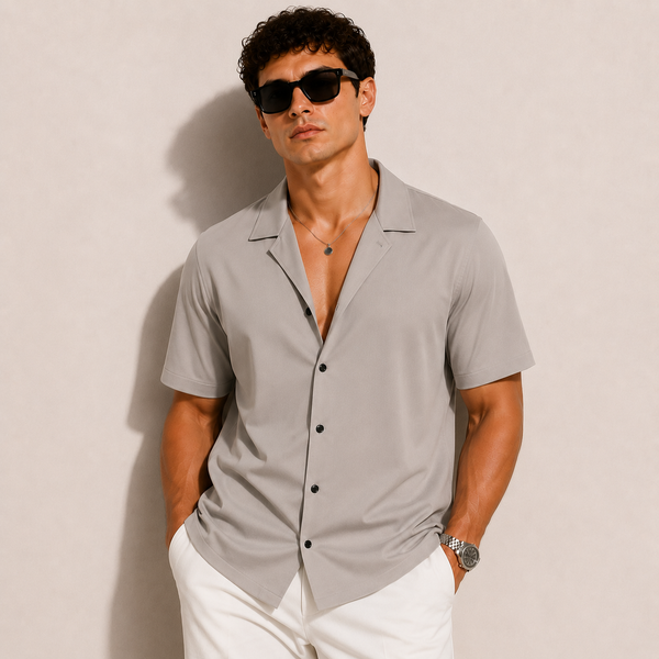 SATIN- STEEL GREY CUBAN SHIRT