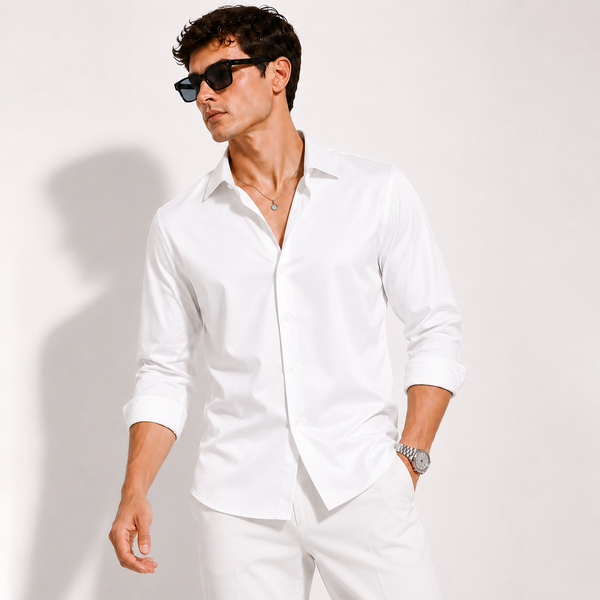 SATIN-  WHITE FULL SLEEVES SHIRT