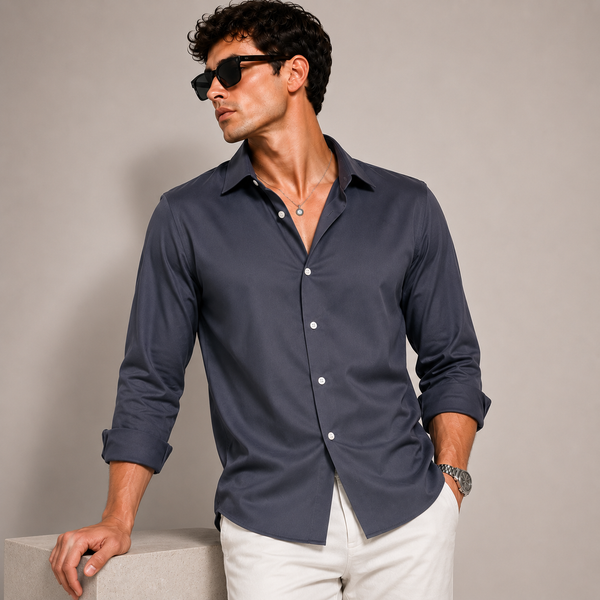 SATIN-  DEEP BLUE FULL SLEEVES SHIRT