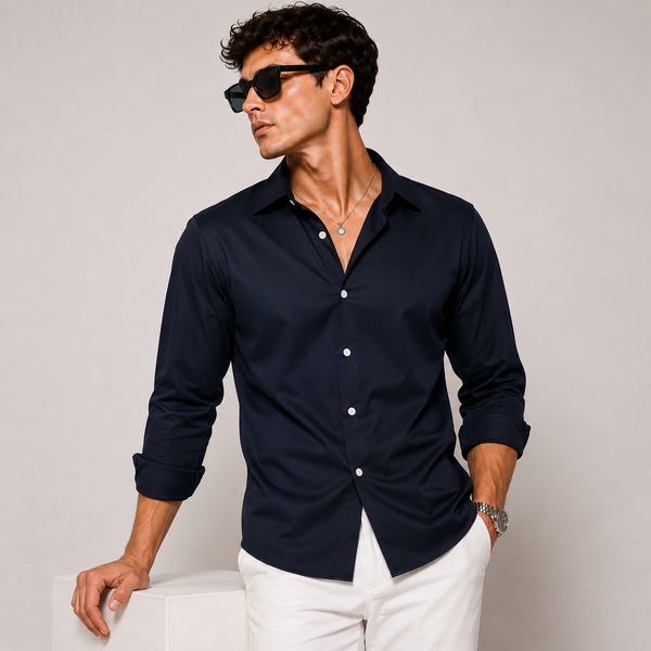 SATIN- NAVY BLUE FULL SLEEVES SHIRT